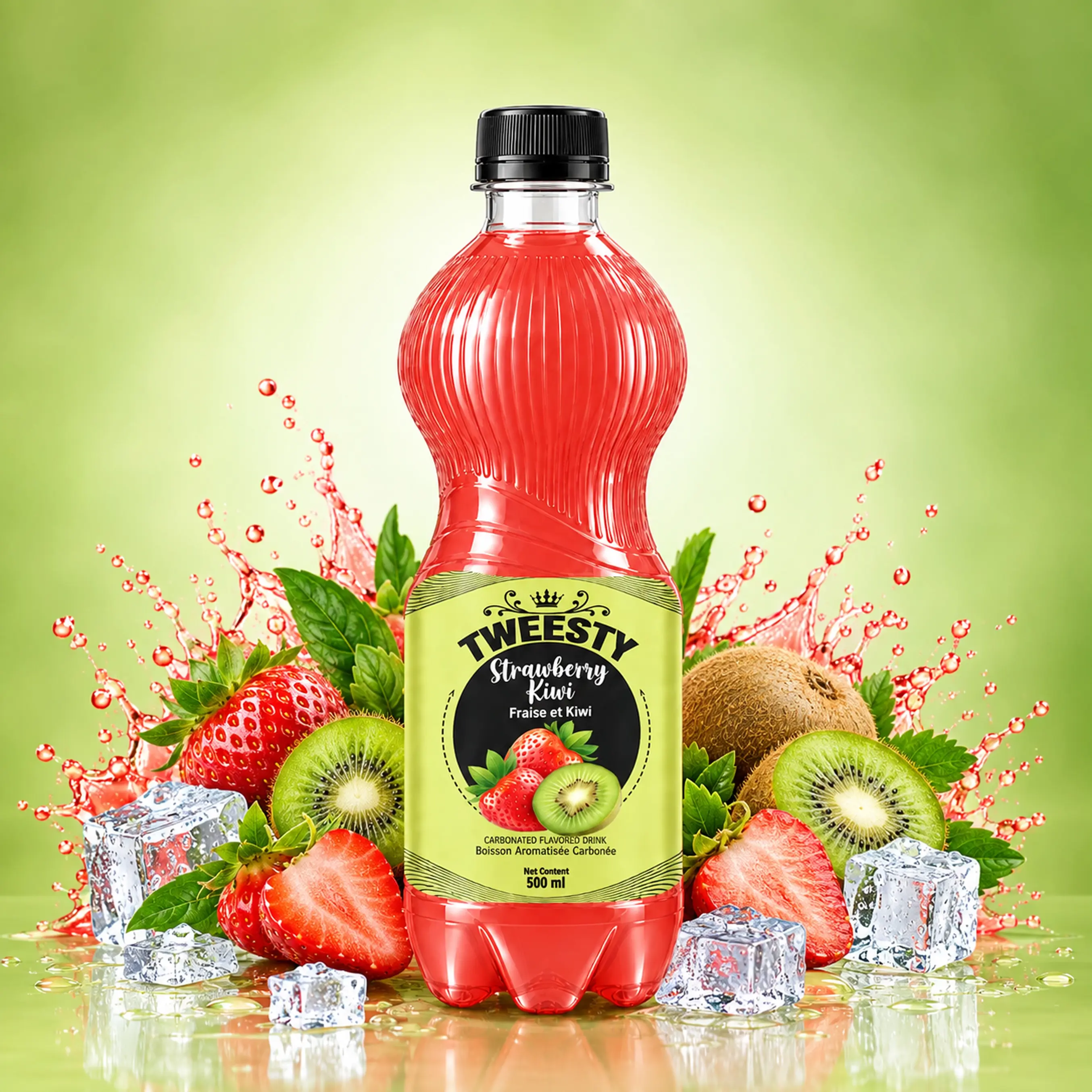 TWEESTY Strawberry Kiwi carbonated flavoured drink 500ml PET bottle with strawberries, kiwi, ice and splash